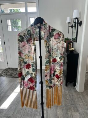 Christina 100% Pure Silk Floral Scarf with Beaded Accent/Mustard Fringe LIKE NEW